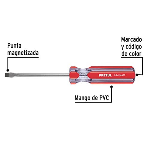 Desarmador plano 1/4 x 4' mango de PVC, PRETUL