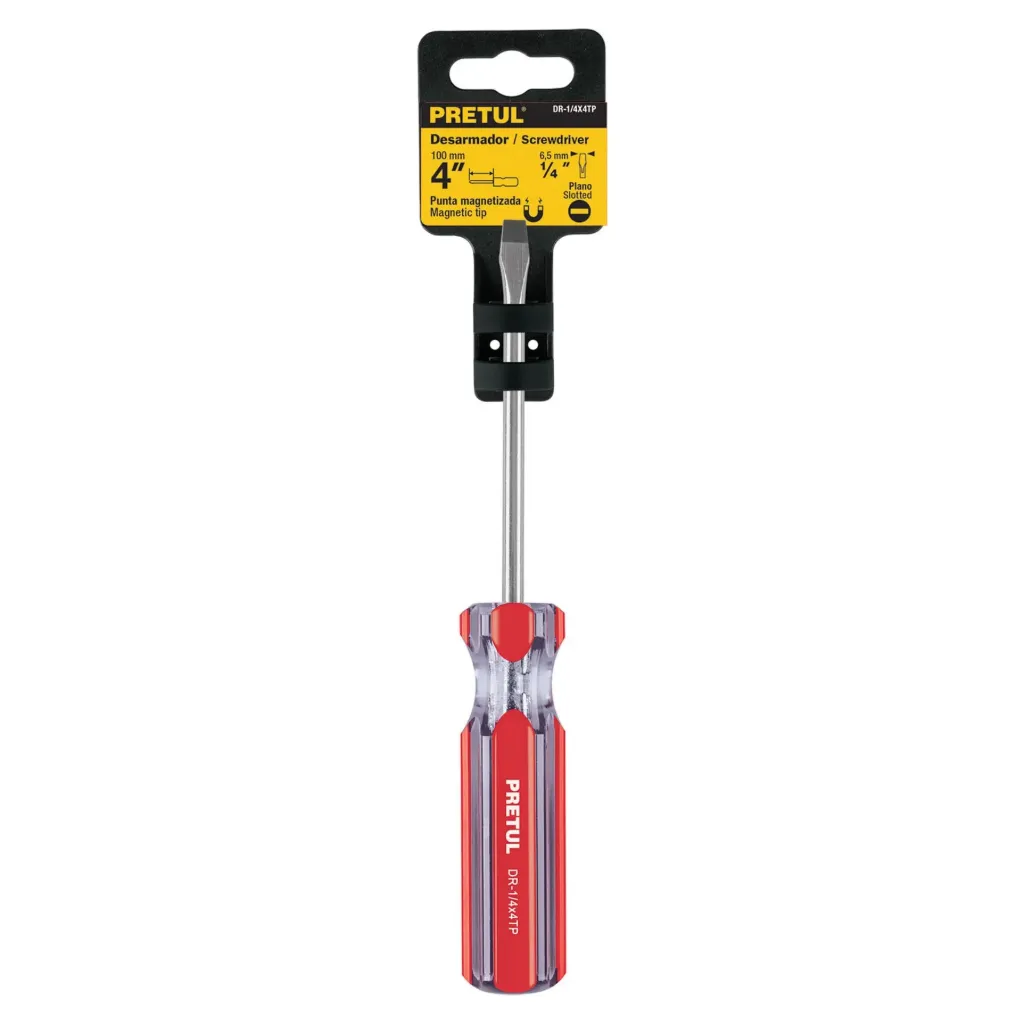 Desarmador plano 1/4 x 4' mango de PVC, PRETUL