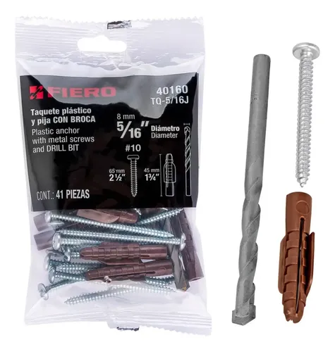 Kit de 20 taquetes 5/16'con pijas #10 y 1 broca 5/16', FIERO