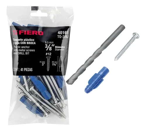 Kit de 20 taquetes 3/8' con pijas #12 y 1 broca 3/8', FIERO