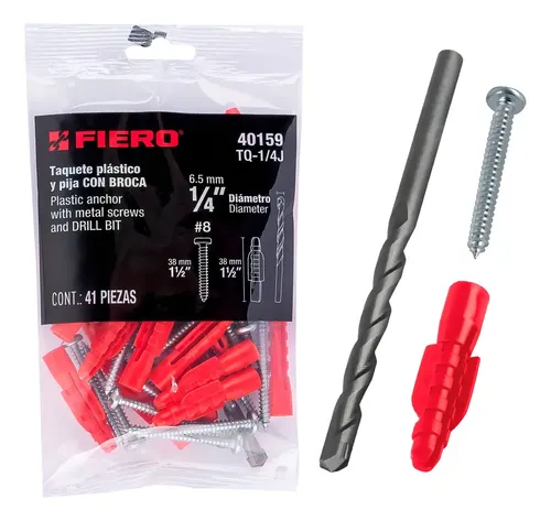 [TP-40159] Kit de 20 taquetes 1/4' con pijas #8 y 1 broca 1/4', FIERO