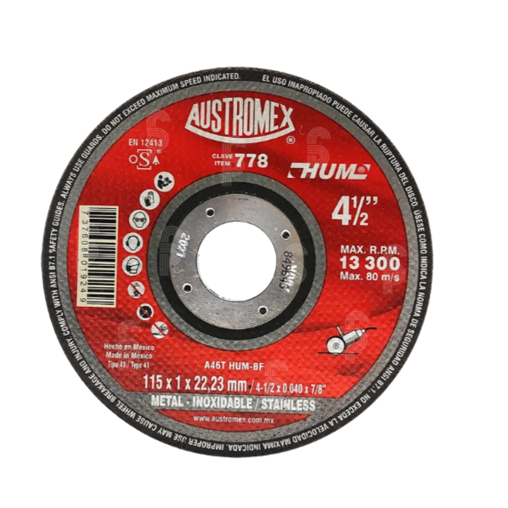 DISCO CTE/MTAL ACERO INOX HUM 4 1/2X3/64X7/8 AUSTROMEX 778