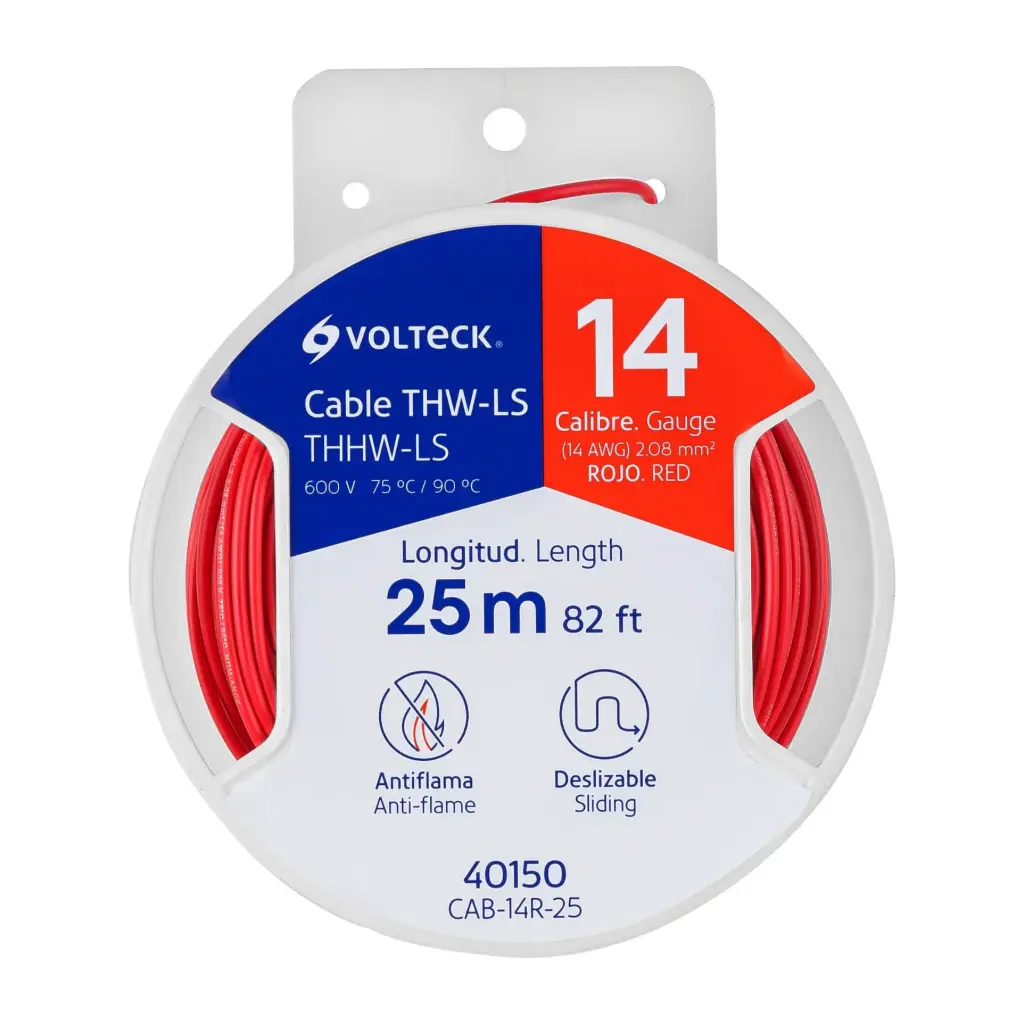 Carrete con 20 m de cable THHW-LS 12 AWG rojo, Volteck